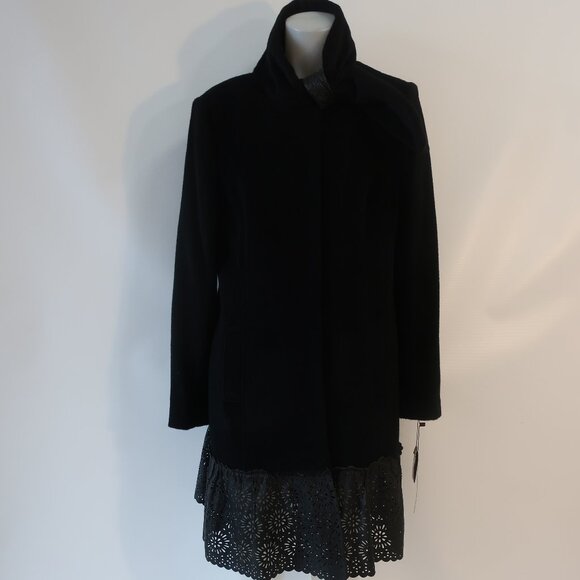 NWT Women Badgley Mischka Black Mix Media Wool Alpaca Leather Trim Olivia Coat L - Picture 2 of 16
